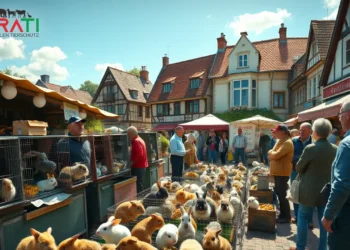 Das Bild zeigt einen lebhaften Kleintiermarkt in einem malerischen europäischen Städtchen, vermutlich Hüttlingen. Unter einem klaren blauen Himmel sind zahlreiche kleine Tiere wie Kaninchen, Meerschweinchen und Vögel in offenen Käfigen ausgestellt. Einige Tiere wirken leicht unwohl durch die pralle Sonne, was auf die Problematik der Tierquälerei auf dem Kleintiermarkt hinweist. Verschiedene Händler und Besucher, die in Alter und Aussehen vielfältig sind, bewegen sich um die Stände herum. Während einige besorgt wirken, sind andere in lebhafte Gespräche vertieft. Im Hintergrund sind charmante alte Gebäude und viel Grün zu sehen, die den Charakter der Stadt unterstreichen. Die Szene spiegelt sowohl die Lebendigkeit des Marktes als auch die unterschwellige Spannung bezüglich des Tierschutzes wider.
