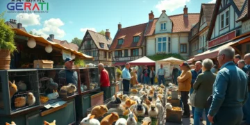 Das Bild zeigt einen lebhaften Kleintiermarkt in einem malerischen europäischen Städtchen, vermutlich Hüttlingen. Unter einem klaren blauen Himmel sind zahlreiche kleine Tiere wie Kaninchen, Meerschweinchen und Vögel in offenen Käfigen ausgestellt. Einige Tiere wirken leicht unwohl durch die pralle Sonne, was auf die Problematik der Tierquälerei auf dem Kleintiermarkt hinweist. Verschiedene Händler und Besucher, die in Alter und Aussehen vielfältig sind, bewegen sich um die Stände herum. Während einige besorgt wirken, sind andere in lebhafte Gespräche vertieft. Im Hintergrund sind charmante alte Gebäude und viel Grün zu sehen, die den Charakter der Stadt unterstreichen. Die Szene spiegelt sowohl die Lebendigkeit des Marktes als auch die unterschwellige Spannung bezüglich des Tierschutzes wider.