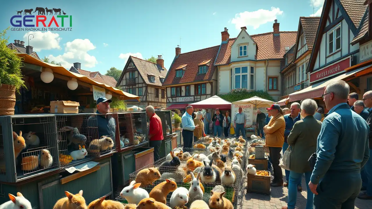 Das Bild zeigt einen lebhaften Kleintiermarkt in einem malerischen europäischen Städtchen, vermutlich Hüttlingen. Unter einem klaren blauen Himmel sind zahlreiche kleine Tiere wie Kaninchen, Meerschweinchen und Vögel in offenen Käfigen ausgestellt. Einige Tiere wirken leicht unwohl durch die pralle Sonne, was auf die Problematik der Tierquälerei auf dem Kleintiermarkt hinweist. Verschiedene Händler und Besucher, die in Alter und Aussehen vielfältig sind, bewegen sich um die Stände herum. Während einige besorgt wirken, sind andere in lebhafte Gespräche vertieft. Im Hintergrund sind charmante alte Gebäude und viel Grün zu sehen, die den Charakter der Stadt unterstreichen. Die Szene spiegelt sowohl die Lebendigkeit des Marktes als auch die unterschwellige Spannung bezüglich des Tierschutzes wider.