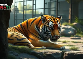 Amurtiger im Zoo Leipzig in realistischer Darstellung, nachdenklich im Gehege liegend.