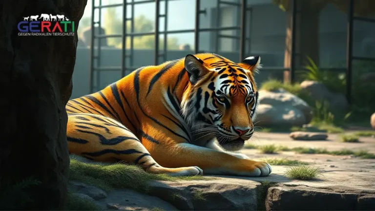 Amurtiger im Zoo Leipzig in realistischer Darstellung, nachdenklich im Gehege liegend.
