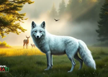 Ein weißer Fuchs mit auffallend weißem Fell steht anmutig in der üppig grünen Landschaft der Münchner Umgebung. Der Fuchs, mit wachsamen Augen und eleganter Haltung, wird vom sanften Licht des frühen Morgens beleuchtet. Im Hintergrund zieht Nebel durch die Bäume und verleiht der Szene eine mystische Stimmung. In der Nähe sind ein paar einheimische Tiere wie Rehe oder Vögel zu sehen, was die harmonische Koexistenz der Arten unterstreicht. Das Bild fängt die ätherische Schönheit und Seltenheit des weißen Fuchses ein und symbolisiert die Zerbrechlichkeit und den Zauber der Natur.