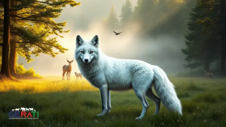 Ein weißer Fuchs mit auffallend weißem Fell steht anmutig in der üppig grünen Landschaft der Münchner Umgebung. Der Fuchs, mit wachsamen Augen und eleganter Haltung, wird vom sanften Licht des frühen Morgens beleuchtet. Im Hintergrund zieht Nebel durch die Bäume und verleiht der Szene eine mystische Stimmung. In der Nähe sind ein paar einheimische Tiere wie Rehe oder Vögel zu sehen, was die harmonische Koexistenz der Arten unterstreicht. Das Bild fängt die ätherische Schönheit und Seltenheit des weißen Fuchses ein und symbolisiert die Zerbrechlichkeit und den Zauber der Natur.