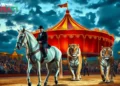 Circus Krone in Weilheim mit festlich beleuchtetem Zelt, Pferd, Löwe und Tiger in der Manege.