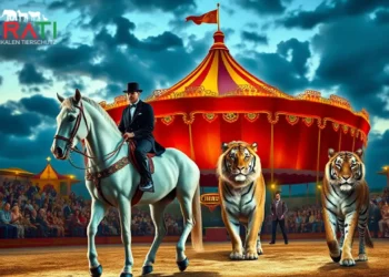 Circus Krone in Weilheim mit festlich beleuchtetem Zelt, Pferd, Löwe und Tiger in der Manege.