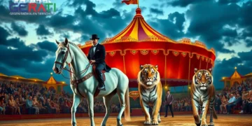 Circus Krone in Weilheim – Eine Erfolgsgeschichte zwischen Tradition und unbelegten PETA-Vorwürfen 18 Circus Krone in Weilheim mit festlich beleuchtetem Zelt, Pferd, Löwe und Tiger in der Manege.