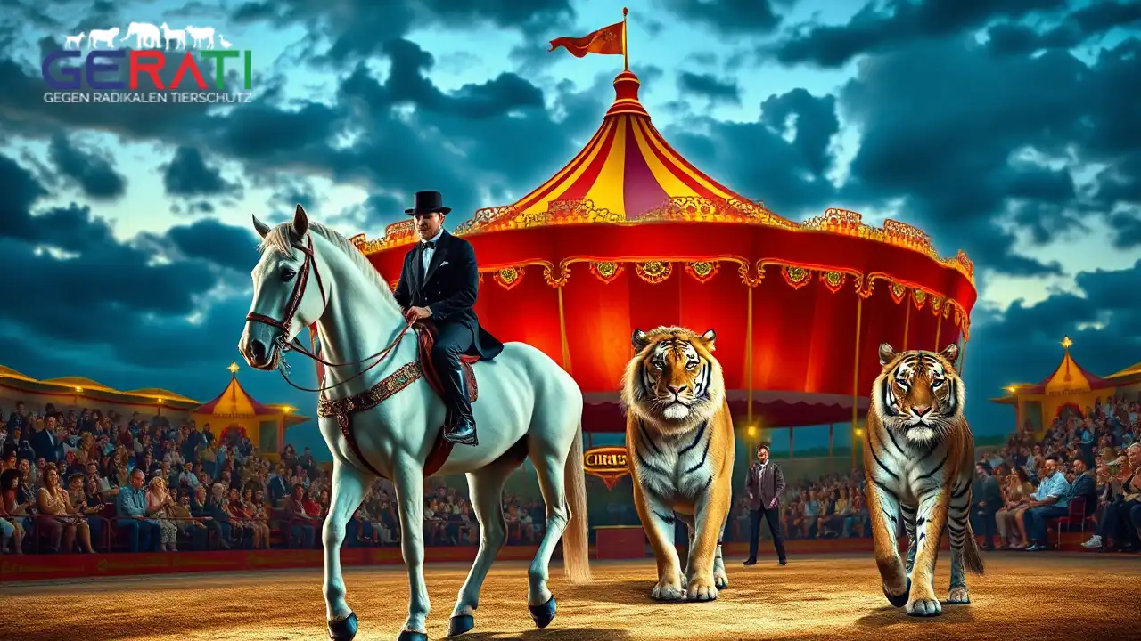 Circus Krone in Weilheim mit festlich beleuchtetem Zelt, Pferd, Löwe und Tiger in der Manege.