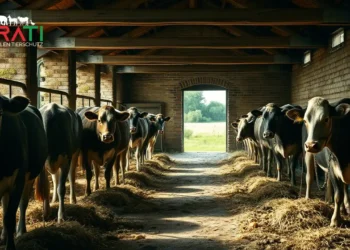 Kühe in einem deutschen Stall in Anbindehaltung mit Blick ins Freie auf grüne Weiden.
