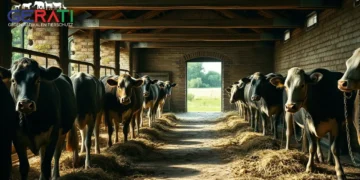 Kühe in einem deutschen Stall in Anbindehaltung mit Blick ins Freie auf grüne Weiden.