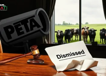 Gerichtsszene mit Richterhammer und zerknüllter Einstellungsverfügung, im Hintergrund PETA -Logo als Lautsprecher.