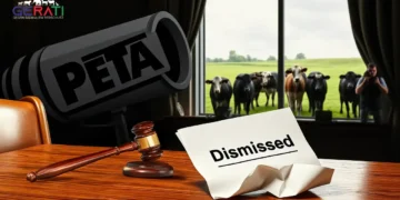 Gerichtsszene mit Richterhammer und zerknüllter Einstellungsverfügung, im Hintergrund PETA -Logo als Lautsprecher.