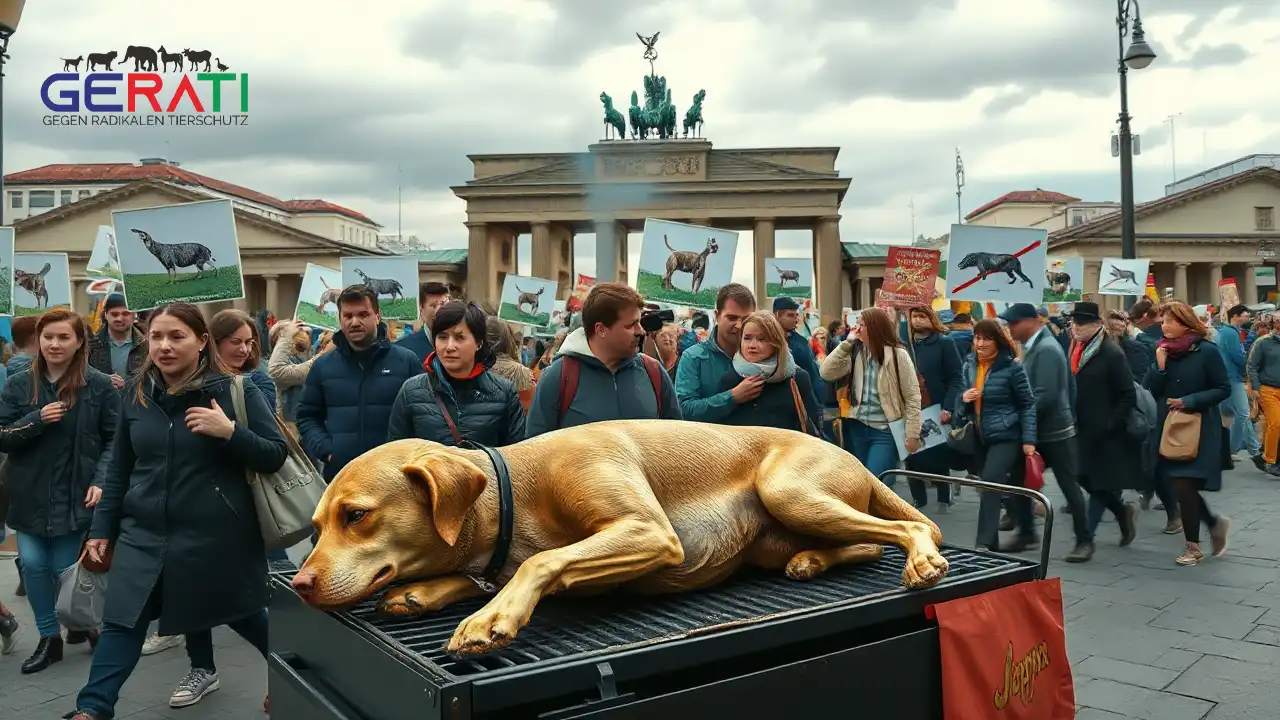 Ein belebtes Straßenszene in Berlin zeigt eine Protestaktion gegen Fleischkonsum. Im Vordergrund liegt ein täuschend echt aussehender Hundemannequin auf einem Grill, umgeben von Protestschildern mit Tier- und Natursymbolik. Im Hintergrund erkennt man die charakteristische Berliner Architektur unter einem bewölkten Himmel, der eine intensive, nachdenkliche Stimmung erzeugt. Die Gesichter der vorbeigehenden Menschen spiegeln Neugier, Schock und Nachdenklichkeit wider, was die kontroverse und provokative Natur des Protests unterstreicht. Die Szene regt dazu an, über die ethischen Aspekte des Fleischkonsums und die Rechte der Tiere nachzudenken.