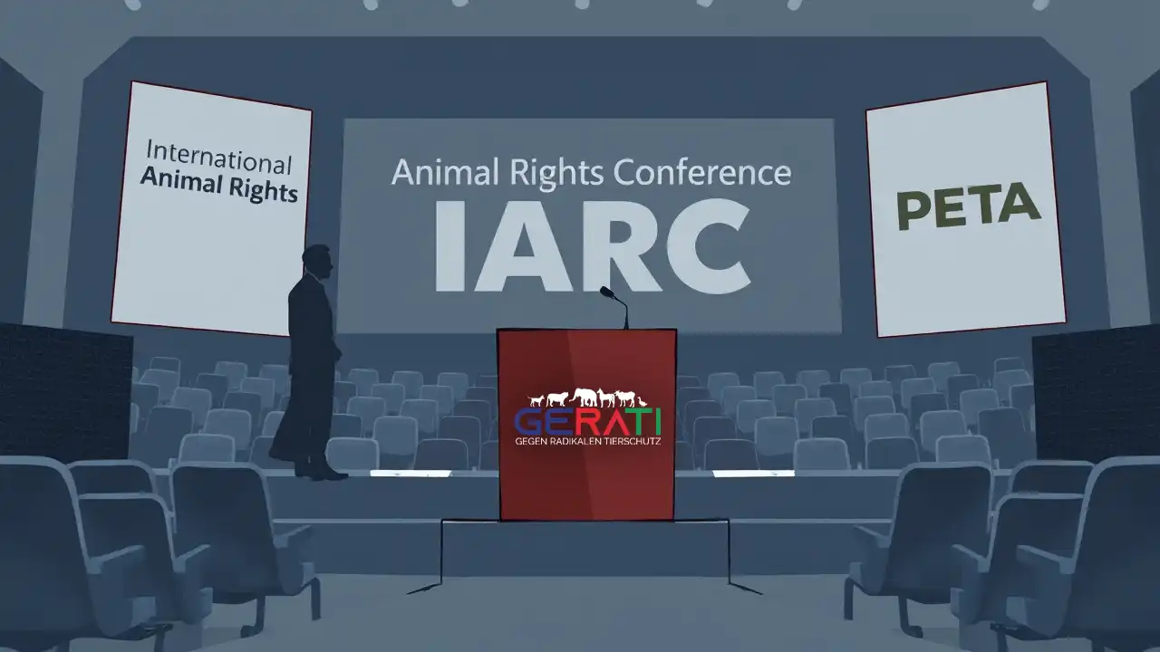 Leere Bühne der International Animal Rights Conference mit verblassendem Colin Goldner und schwachem PETA-Auftritt im Hintergrund.