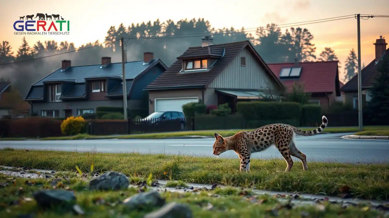 Ein friedliches, jedoch leicht angespanntes Szenario zeigt ein Vorstadtgebiet nahe Güstrow, Deutschland, im Morgengrauen. Im Vordergrund schleicht eine elegante Serval- oder Savannahkatze mit charakteristisch geflecktem Fell und großen Ohren vorsichtig entlang einer Reihe typischer deutscher Häuser. Die Katze wirkt aufmerksam und betont ihre wilde Natur in der menschlichen Umgebung. Im Hintergrund deutet ein dichter Wald, der im Morgennebel gehüllt ist, auf die Nähe zur Natur hin. Der Himmel ist in sanften Orange- und Rosatönen gefärbt, was auf die frühe Morgenstunde hinweist. Die Atmosphäre vereint Schönheit und eine unterschwellige Spannung und spiegelt die Faszination und potenziellen Risiken exotischer Wildkatzen in Deutschland wider.
