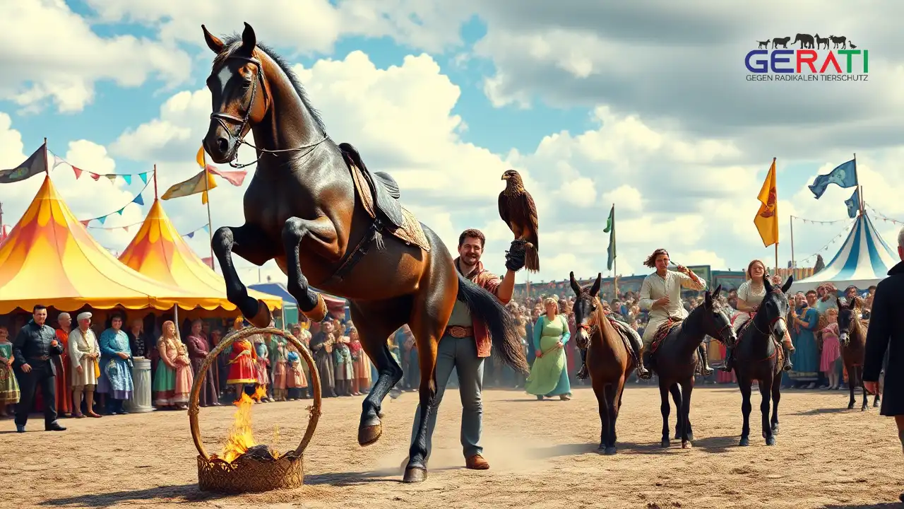 Das Titelbild zeigt eine lebendige Szene auf einem mittelalterlichen Festival bei Tageslicht. Im Vordergrund springt ein majestätisches Pferd elegant durch einen kleinen, dekorativen Feuerreifen als Teil einer Pferdeshow. Daneben steht eine Person mit einem Falken auf dem behandschuhten Arm, was eine Falknervorführung symbolisiert. Im Hintergrund reiten Kinder fröhlich auf Eseln, was eine Attraktion des Festes darstellt. Die Kulisse ist ein buntes mittelalterliches Festgelände mit farbenfrohen Zelten und Bannern, umgeben von Zuschauern in zeitgenössischer Kleidung. Die Atmosphäre ist lebhaft, jedoch respektvoll, und unterstreicht den Tierschutz und die Sorgfalt im Umgang mit den Tieren. Das Bild fängt den Charme und die Essenz mittelalterlicher Veranstaltungen ein, mit einem besonderen Augenmerk auf das Wohlergehen der Tiere.