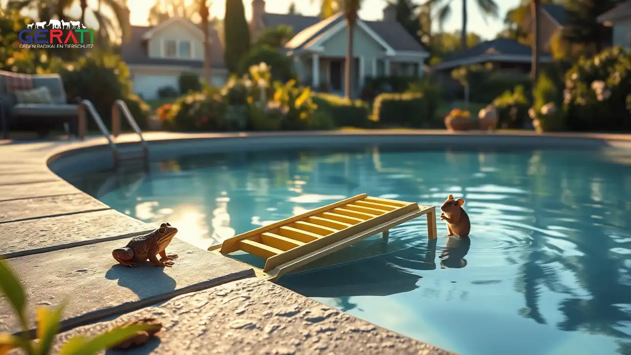 Ein fotorealistisches Bild zeigt eine friedliche Szene mit einem kleinen Frosch und einer Maus in der Nähe eines Pools, der mit einer Rampe und einer speziellen Leiter ausgestattet ist. Sonnenstrahlen reflektieren sanft auf der Wasseroberfläche. Üppiges Grün umgibt den Pool und verdeutlicht die Harmonie zwischen menschlichen Bauwerken und der Natur. Im Hintergrund ist eine Vorstadtsiedlung zu sehen, die das Zusammentreffen von urbanem Leben und Tierwelt darstellt. Das Bild illustriert die Bedeutung von Ausstiegshilfen für Tiere und betont das friedliche Zusammenleben und den Schutz der Tierwelt durch einfache, durchdachte Maßnahmen.