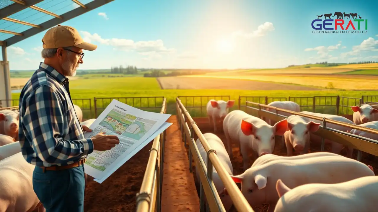 Ein fotorealistisches Bild zeigt einen modernisierten Schweinestall mit geräumigen, sauberen und gut beleuchteten Buchten für Sauen, die den verbesserten Tierschutzstandards entsprechen. Im Vordergrund prüft ein Landwirt Baupläne und bespricht diese mit einem Berater, was den Planungs- und Investitionsprozess symbolisiert. Im Hintergrund sind üppige grüne Felder und ein klarer blauer Himmel zu sehen, die Umweltverträglichkeit und zukünftiges Wachstum darstellen. Die Szene vermittelt eine optimistische Stimmung und betont den positiven Einfluss von Fördergeldern für den Stallumbau auf die landwirtschaftliche Entwicklung.