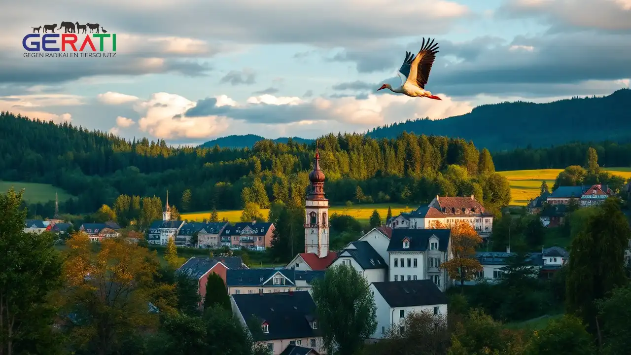 Eine ruhige und malerische Ansicht von Mindelheim, einer charmanten Stadt in der Allgäu-Region Bayerns. Ein wunderschöner Storch fliegt anmutig am Himmel, symbolisiert Hoffnung und Schutz. Darunter ist die reizvolle Architektur der Stadt zu sehen, umgeben von üppigem Grün und sanften Hügeln. Die Stimmung vereint Frieden und Dringlichkeit, da die Gemeinschaft entschlossen ist, ihre Tierwelt zu schützen. Weiches, warmes Licht vermittelt Fürsorge und Mitgefühl angesichts des kürzlich verletzten Storches in Mindelheim.