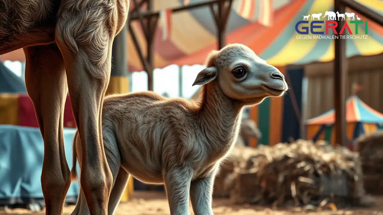 Neugeborenes Dromedarbaby steht dicht bei seiner Mutter im Zirkus, beide wirken gesund und ruhig.