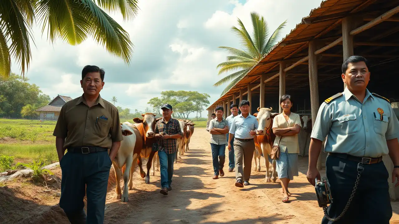 Unternehmer in Indonesien führen Milchkühe in einfache Ställe – Symbol für politische Zwangsmaßnahmen.