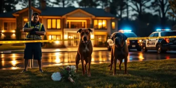 Polizeibeamte sichern ein modernes Anwesen in Atlanta, während zwei Hunde nach einem tödlichen Angriff von Tierschutzbeamten festgehalten werden.