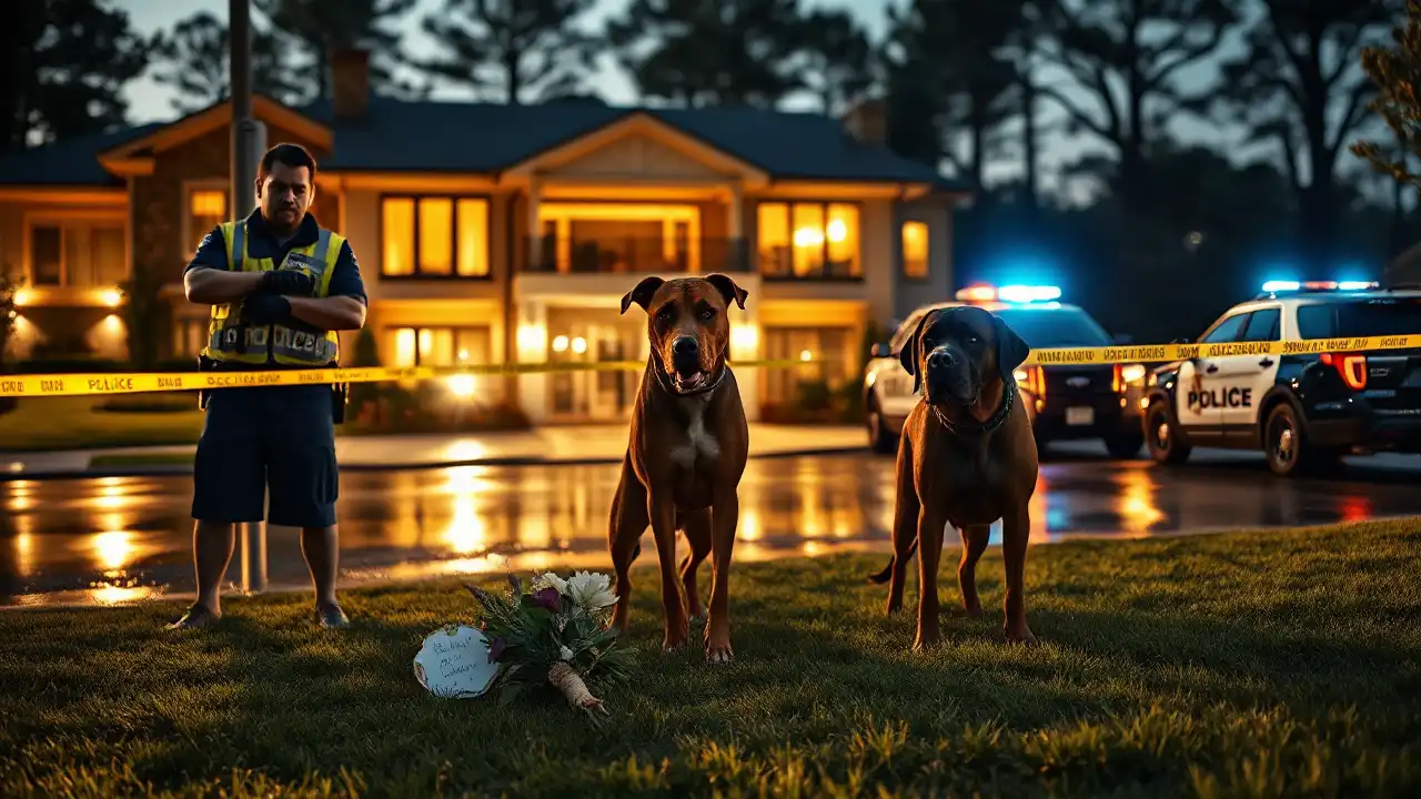 Polizeibeamte sichern ein modernes Anwesen in Atlanta, während zwei Hunde nach einem tödlichen Angriff von Tierschutzbeamten festgehalten werden.
