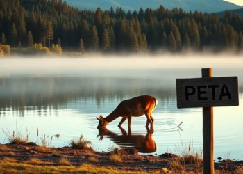 Das Titelbild zeigt eine fotorealistische Szene in einem friedlichen Natursetting bei Morgendämmerung. Im Vordergrund steht ein Reh an einem ruhigen See und trinkt Wasser, während im Hintergrund ein dichter Wald zu sehen ist. Am Ufer steht ein Holzschild mit einem dezent eingravierten PETA-Logo, das auf subtile Weise ihre Präsenz andeutet. Die sanfte, warme Beleuchtung spiegelt sich auf dem Wasser und schafft eine nachdenkliche Atmosphäre. Das Bild illustriert die Frage: "PETA: Tierschutz oder Marketingstrategie?" und regt zur Reflexion über die Auswirkungen und Beweggründe von Naturschutzbemühungen an.