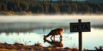 Das Titelbild zeigt eine fotorealistische Szene in einem friedlichen Natursetting bei Morgendämmerung. Im Vordergrund steht ein Reh an einem ruhigen See und trinkt Wasser, während im Hintergrund ein dichter Wald zu sehen ist. Am Ufer steht ein Holzschild mit einem dezent eingravierten PETA-Logo, das auf subtile Weise ihre Präsenz andeutet. Die sanfte, warme Beleuchtung spiegelt sich auf dem Wasser und schafft eine nachdenkliche Atmosphäre. Das Bild illustriert die Frage: "PETA: Tierschutz oder Marketingstrategie?" und regt zur Reflexion über die Auswirkungen und Beweggründe von Naturschutzbemühungen an.