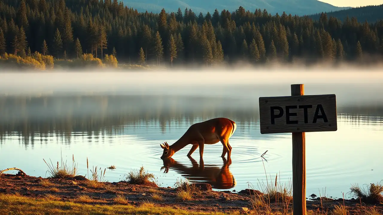 Das Titelbild zeigt eine fotorealistische Szene in einem friedlichen Natursetting bei Morgendämmerung. Im Vordergrund steht ein Reh an einem ruhigen See und trinkt Wasser, während im Hintergrund ein dichter Wald zu sehen ist. Am Ufer steht ein Holzschild mit einem dezent eingravierten PETA-Logo, das auf subtile Weise ihre Präsenz andeutet. Die sanfte, warme Beleuchtung spiegelt sich auf dem Wasser und schafft eine nachdenkliche Atmosphäre. Das Bild illustriert die Frage: "PETA: Tierschutz oder Marketingstrategie?" und regt zur Reflexion über die Auswirkungen und Beweggründe von Naturschutzbemühungen an.