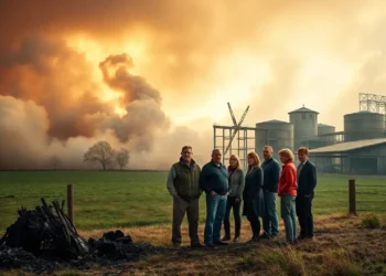Die Strafanzeige von PETA: Mehr Show als Substanz? 26 Ein ländliches Bild in Deutschland zeigt im Hintergrund eine große Hühnerfarm, die teilweise von einem dramatischen, rauchigen Himmel verdeckt wird, der auf die Folgen eines Feuers hindeutet. Im Vordergrund steht eine Gruppe ernst aussehender Menschen, darunter Landwirte und Gemeindemitglieder, die Solidarität und Unterstützung symbolisieren. Zu sehen sind die verkohlten Überreste einer Struktur, was Tiefe und Realismus verleiht. Die Stimmung ist düster, aber hoffnungsvoll, mit grünen Feldern und Anzeichen von Natur, die sich erholt. Im Kontext der Szene deutet das Bild auf eine mögliche Strafanzeige von PETA hin, die auf Missstände in der Tierhaltung aufmerksam machen könnte.