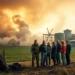 Ein ländliches Bild in Deutschland zeigt im Hintergrund eine große Hühnerfarm, die teilweise von einem dramatischen, rauchigen Himmel verdeckt wird, der auf die Folgen eines Feuers hindeutet. Im Vordergrund steht eine Gruppe ernst aussehender Menschen, darunter Landwirte und Gemeindemitglieder, die Solidarität und Unterstützung symbolisieren. Zu sehen sind die verkohlten Überreste einer Struktur, was Tiefe und Realismus verleiht. Die Stimmung ist düster, aber hoffnungsvoll, mit grünen Feldern und Anzeichen von Natur, die sich erholt. Im Kontext der Szene deutet das Bild auf eine mögliche Strafanzeige von PETA hin, die auf Missstände in der Tierhaltung aufmerksam machen könnte.
