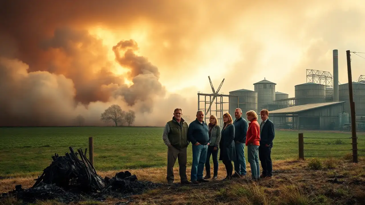 Ein ländliches Bild in Deutschland zeigt im Hintergrund eine große Hühnerfarm, die teilweise von einem dramatischen, rauchigen Himmel verdeckt wird, der auf die Folgen eines Feuers hindeutet. Im Vordergrund steht eine Gruppe ernst aussehender Menschen, darunter Landwirte und Gemeindemitglieder, die Solidarität und Unterstützung symbolisieren. Zu sehen sind die verkohlten Überreste einer Struktur, was Tiefe und Realismus verleiht. Die Stimmung ist düster, aber hoffnungsvoll, mit grünen Feldern und Anzeichen von Natur, die sich erholt. Im Kontext der Szene deutet das Bild auf eine mögliche Strafanzeige von PETA hin, die auf Missstände in der Tierhaltung aufmerksam machen könnte.