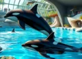 Die Wahrheit über Wal und Delfinshows und den Loro Parque 42 Ein fotorealistisches Bild zeigt die Artenschutzbemühungen im Loro Parque. Zu sehen ist eine ruhige und lebendige Unterwasserwelt mit Orcas und Delfinen in großzügigen, naturnah gestalteten Gehegen. Kristallklares blaues Wasser umgibt die Tiere, ergänzt durch vielfältiges Meeresleben und üppig grüne Umgebung. Im Vordergrund stehen harmonische Interaktionen zwischen den Tieren und aufmerksamen, fürsorglichen Mitarbeitern, die eine Atmosphäre von Mitgefühl und Engagement für das Wohl der Tiere schaffen. Das Bild vermittelt Frieden, Gleichgewicht und die Bedeutung von Artenschutz für den Erhalt gefährdeter Meeresspezies.