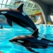 Ein fotorealistisches Bild zeigt die Artenschutzbemühungen im Loro Parque. Zu sehen ist eine ruhige und lebendige Unterwasserwelt mit Orcas und Delfinen in großzügigen, naturnah gestalteten Gehegen. Kristallklares blaues Wasser umgibt die Tiere, ergänzt durch vielfältiges Meeresleben und üppig grüne Umgebung. Im Vordergrund stehen harmonische Interaktionen zwischen den Tieren und aufmerksamen, fürsorglichen Mitarbeitern, die eine Atmosphäre von Mitgefühl und Engagement für das Wohl der Tiere schaffen. Das Bild vermittelt Frieden, Gleichgewicht und die Bedeutung von Artenschutz für den Erhalt gefährdeter Meeresspezies.