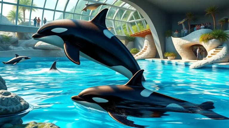 Ein fotorealistisches Bild zeigt die Artenschutzbemühungen im Loro Parque. Zu sehen ist eine ruhige und lebendige Unterwasserwelt mit Orcas und Delfinen in großzügigen, naturnah gestalteten Gehegen. Kristallklares blaues Wasser umgibt die Tiere, ergänzt durch vielfältiges Meeresleben und üppig grüne Umgebung. Im Vordergrund stehen harmonische Interaktionen zwischen den Tieren und aufmerksamen, fürsorglichen Mitarbeitern, die eine Atmosphäre von Mitgefühl und Engagement für das Wohl der Tiere schaffen. Das Bild vermittelt Frieden, Gleichgewicht und die Bedeutung von Artenschutz für den Erhalt gefährdeter Meeresspezies.