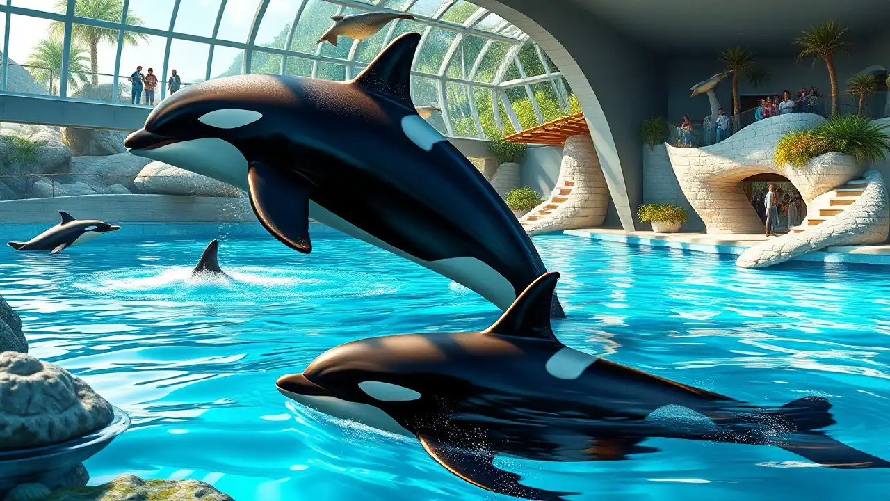Ein fotorealistisches Bild zeigt die Artenschutzbemühungen im Loro Parque. Zu sehen ist eine ruhige und lebendige Unterwasserwelt mit Orcas und Delfinen in großzügigen, naturnah gestalteten Gehegen. Kristallklares blaues Wasser umgibt die Tiere, ergänzt durch vielfältiges Meeresleben und üppig grüne Umgebung. Im Vordergrund stehen harmonische Interaktionen zwischen den Tieren und aufmerksamen, fürsorglichen Mitarbeitern, die eine Atmosphäre von Mitgefühl und Engagement für das Wohl der Tiere schaffen. Das Bild vermittelt Frieden, Gleichgewicht und die Bedeutung von Artenschutz für den Erhalt gefährdeter Meeresspezies.