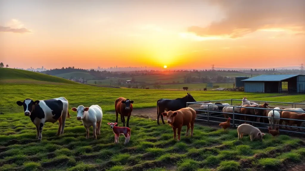 Ein idyllisches ländliches Panorama bei Sonnenaufgang zeigt eine moderne Farm mit saftig grünen Feldern. Im Vordergrund bewegen sich gesunde Kühe, Schweine und Hühner frei in gepflegten Gehegen, die fortschrittliche und ethische Landwirtschaft symbolisieren. Im Hintergrund erhebt sich die Silhouette einer fernen Stadt, die das gesellschaftliche Interesse am Tierschutzgesetz unterstreicht. Der Himmel erstrahlt in warmen Orange- und Rosatönen und steht für Hoffnung und den Beginn neuer Wege im Tierschutz.
