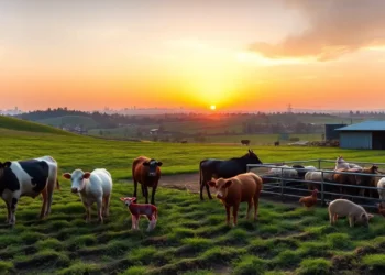 Ein idyllisches ländliches Panorama bei Sonnenaufgang zeigt eine moderne Farm mit saftig grünen Feldern. Im Vordergrund bewegen sich gesunde Kühe, Schweine und Hühner frei in gepflegten Gehegen, die fortschrittliche und ethische Landwirtschaft symbolisieren. Im Hintergrund erhebt sich die Silhouette einer fernen Stadt, die das gesellschaftliche Interesse am Tierschutzgesetz unterstreicht. Der Himmel erstrahlt in warmen Orange- und Rosatönen und steht für Hoffnung und den Beginn neuer Wege im Tierschutz.