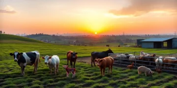 Ein idyllisches ländliches Panorama bei Sonnenaufgang zeigt eine moderne Farm mit saftig grünen Feldern. Im Vordergrund bewegen sich gesunde Kühe, Schweine und Hühner frei in gepflegten Gehegen, die fortschrittliche und ethische Landwirtschaft symbolisieren. Im Hintergrund erhebt sich die Silhouette einer fernen Stadt, die das gesellschaftliche Interesse am Tierschutzgesetz unterstreicht. Der Himmel erstrahlt in warmen Orange- und Rosatönen und steht für Hoffnung und den Beginn neuer Wege im Tierschutz.