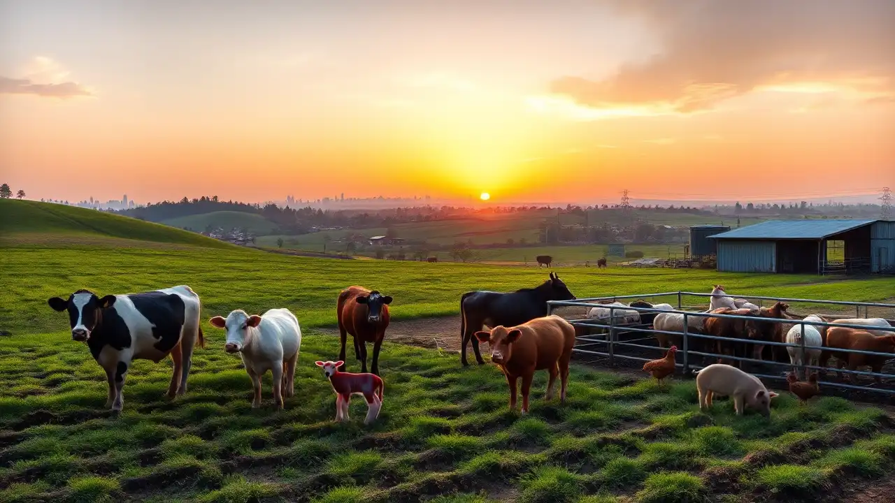 Ein idyllisches ländliches Panorama bei Sonnenaufgang zeigt eine moderne Farm mit saftig grünen Feldern. Im Vordergrund bewegen sich gesunde Kühe, Schweine und Hühner frei in gepflegten Gehegen, die fortschrittliche und ethische Landwirtschaft symbolisieren. Im Hintergrund erhebt sich die Silhouette einer fernen Stadt, die das gesellschaftliche Interesse am Tierschutzgesetz unterstreicht. Der Himmel erstrahlt in warmen Orange- und Rosatönen und steht für Hoffnung und den Beginn neuer Wege im Tierschutz.
