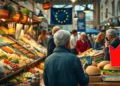 Ein fotorealistisches Bild zeigt einen lebhaften europäischen Marktplatz mit verschiedenen Essensständen. Im Fokus steht ein farbenfroher Stand mit einer Auswahl an frischem Gemüse, Hülsenfrüchten und Getreide, die durch ihre natürlichen Texturen und Farben bestechen. Gegenüber befindet sich ein Stand mit traditionellen Fleischprodukten wie Würstchen und Burgern. Menschen mischen sich unter die Stände, darunter ein nachdenklicher Käufer, der eine Produktverpackung hält und seine Wahl überlegt. Im Hintergrund ist dezent ein Banner mit der EU-Flagge zu sehen, das die regulatorische Präsenz symbolisiert. Die Szene vermittelt ein Gefühl von Diskussion und Entscheidungsfindung in einer lebendigen, authentischen Marktatmosphäre. Das Bild thematisiert "Fleischbezeichnungen für Veggie-Produkte" und die daraus resultierenden Überlegungen der Konsumenten.