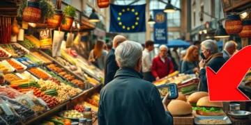 Das Verbot von Fleischbezeichnungen für Veggie-Produkte: Ein kritischer Blick auf die Entscheidung des EU-Parlaments 46 Ein fotorealistisches Bild zeigt einen lebhaften europäischen Marktplatz mit verschiedenen Essensständen. Im Fokus steht ein farbenfroher Stand mit einer Auswahl an frischem Gemüse, Hülsenfrüchten und Getreide, die durch ihre natürlichen Texturen und Farben bestechen. Gegenüber befindet sich ein Stand mit traditionellen Fleischprodukten wie Würstchen und Burgern. Menschen mischen sich unter die Stände, darunter ein nachdenklicher Käufer, der eine Produktverpackung hält und seine Wahl überlegt. Im Hintergrund ist dezent ein Banner mit der EU-Flagge zu sehen, das die regulatorische Präsenz symbolisiert. Die Szene vermittelt ein Gefühl von Diskussion und Entscheidungsfindung in einer lebendigen, authentischen Marktatmosphäre. Das Bild thematisiert "Fleischbezeichnungen für Veggie-Produkte" und die daraus resultierenden Überlegungen der Konsumenten.