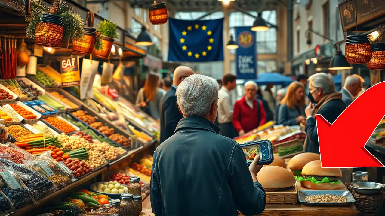 Ein fotorealistisches Bild zeigt einen lebhaften europäischen Marktplatz mit verschiedenen Essensständen. Im Fokus steht ein farbenfroher Stand mit einer Auswahl an frischem Gemüse, Hülsenfrüchten und Getreide, die durch ihre natürlichen Texturen und Farben bestechen. Gegenüber befindet sich ein Stand mit traditionellen Fleischprodukten wie Würstchen und Burgern. Menschen mischen sich unter die Stände, darunter ein nachdenklicher Käufer, der eine Produktverpackung hält und seine Wahl überlegt. Im Hintergrund ist dezent ein Banner mit der EU-Flagge zu sehen, das die regulatorische Präsenz symbolisiert. Die Szene vermittelt ein Gefühl von Diskussion und Entscheidungsfindung in einer lebendigen, authentischen Marktatmosphäre. Das Bild thematisiert "Fleischbezeichnungen für Veggie-Produkte" und die daraus resultierenden Überlegungen der Konsumenten.