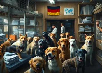 Importierte Straßenhunde: Eine Herausforderung für die Tierheime im Kreis Ludwigsburg 36 Das Titelbild zeigt eine fotorealistische Szene in einem überfüllten Tierheim in Ludwigsburg, das mit den emotionalen und logistischen Herausforderungen durch die Ankunft importierter Straßenhunde konfrontiert ist. Verschiedene Hunderassen und -größen sind zu sehen, jede mit ihrer eigenen Persönlichkeit. Engagierte Mitarbeiter und Freiwillige kümmern sich um die Hunde, umgeben von Papierstapeln und Tierarztbedarf, die den administrativen und medizinischen Aufwand verdeutlichen. Im Hintergrund sind subtile Hinweise auf die internationalen Ursprünge der Hunde, wie Fahnen oder Karten, die auf ihre Herkunft aus Süd- und Osteuropa anspielen. Die Stimmung des Bildes weckt Empathie und spiegelt die Komplexität der Situation wider, indem sie sowohl die mitfühlenden Rettungsbemühungen als auch die erheblichen Herausforderungen der Tierheime hervorhebt.