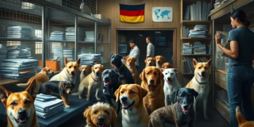 Das Titelbild zeigt eine fotorealistische Szene in einem überfüllten Tierheim in Ludwigsburg, das mit den emotionalen und logistischen Herausforderungen durch die Ankunft importierter Straßenhunde konfrontiert ist. Verschiedene Hunderassen und -größen sind zu sehen, jede mit ihrer eigenen Persönlichkeit. Engagierte Mitarbeiter und Freiwillige kümmern sich um die Hunde, umgeben von Papierstapeln und Tierarztbedarf, die den administrativen und medizinischen Aufwand verdeutlichen. Im Hintergrund sind subtile Hinweise auf die internationalen Ursprünge der Hunde, wie Fahnen oder Karten, die auf ihre Herkunft aus Süd- und Osteuropa anspielen. Die Stimmung des Bildes weckt Empathie und spiegelt die Komplexität der Situation wider, indem sie sowohl die mitfühlenden Rettungsbemühungen als auch die erheblichen Herausforderungen der Tierheime hervorhebt.