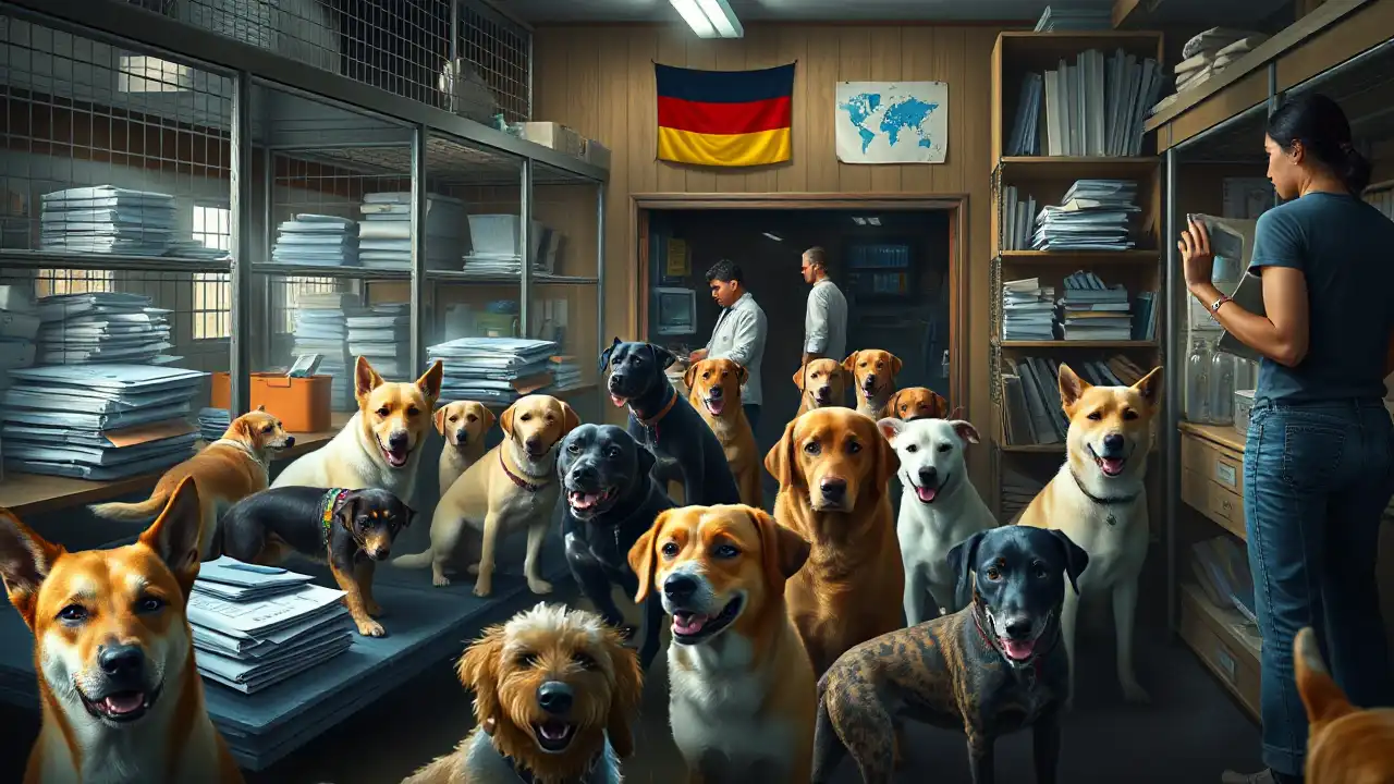 Das Titelbild zeigt eine fotorealistische Szene in einem überfüllten Tierheim in Ludwigsburg, das mit den emotionalen und logistischen Herausforderungen durch die Ankunft importierter Straßenhunde konfrontiert ist. Verschiedene Hunderassen und -größen sind zu sehen, jede mit ihrer eigenen Persönlichkeit. Engagierte Mitarbeiter und Freiwillige kümmern sich um die Hunde, umgeben von Papierstapeln und Tierarztbedarf, die den administrativen und medizinischen Aufwand verdeutlichen. Im Hintergrund sind subtile Hinweise auf die internationalen Ursprünge der Hunde, wie Fahnen oder Karten, die auf ihre Herkunft aus Süd- und Osteuropa anspielen. Die Stimmung des Bildes weckt Empathie und spiegelt die Komplexität der Situation wider, indem sie sowohl die mitfühlenden Rettungsbemühungen als auch die erheblichen Herausforderungen der Tierheime hervorhebt.