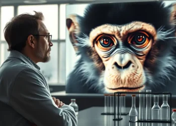 Ein fotorealistisches Bild zeigt die Spannung zwischen wissenschaftlicher Forschung und ethischen Überlegungen zu Tierversuchen. Im Vordergrund betrachtet ein nachdenklicher Wissenschaftler im Laborkittel eine Laborszene mit Reagenzgläsern und wissenschaftlichen Geräten, die die Bedeutung der Forschung symbolisieren. Im Hintergrund erscheint ein großes, transparentes Bild eines Affengesichts, dessen Augen Emotionen und Verletzlichkeit ausdrücken und so die ethischen Dilemmata und Kampagnen gegen Tierversuche darstellen. Das moderne Labor ist in eine Mischung aus natürlichem und künstlichem Licht getaucht, was eine reflektierte, nachdenkliche Stimmung erzeugt. Die Atmosphäre des Bildes vermittelt einen Eindruck von Konflikt und Selbstreflexion und hebt die Balance zwischen wissenschaftlichem Fortschritt und ethischer Verantwortung hervor.