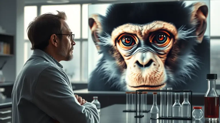 Ein fotorealistisches Bild zeigt die Spannung zwischen wissenschaftlicher Forschung und ethischen Überlegungen zu Tierversuchen. Im Vordergrund betrachtet ein nachdenklicher Wissenschaftler im Laborkittel eine Laborszene mit Reagenzgläsern und wissenschaftlichen Geräten, die die Bedeutung der Forschung symbolisieren. Im Hintergrund erscheint ein großes, transparentes Bild eines Affengesichts, dessen Augen Emotionen und Verletzlichkeit ausdrücken und so die ethischen Dilemmata und Kampagnen gegen Tierversuche darstellen. Das moderne Labor ist in eine Mischung aus natürlichem und künstlichem Licht getaucht, was eine reflektierte, nachdenkliche Stimmung erzeugt. Die Atmosphäre des Bildes vermittelt einen Eindruck von Konflikt und Selbstreflexion und hebt die Balance zwischen wissenschaftlichem Fortschritt und ethischer Verantwortung hervor.