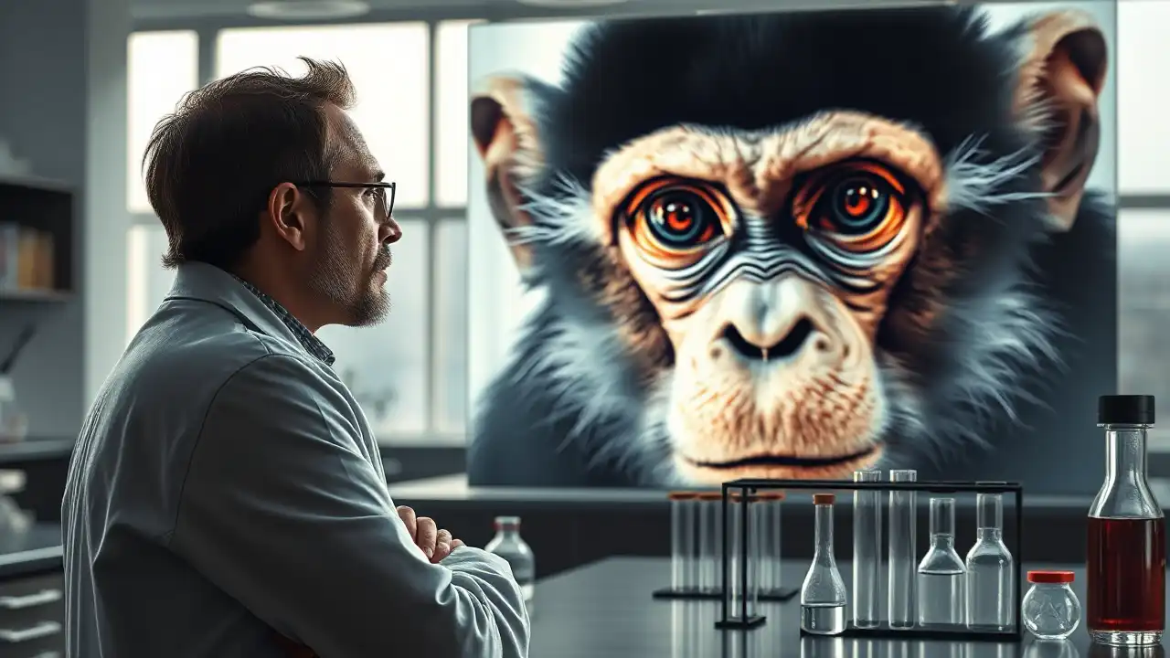 Ein fotorealistisches Bild zeigt die Spannung zwischen wissenschaftlicher Forschung und ethischen Überlegungen zu Tierversuchen. Im Vordergrund betrachtet ein nachdenklicher Wissenschaftler im Laborkittel eine Laborszene mit Reagenzgläsern und wissenschaftlichen Geräten, die die Bedeutung der Forschung symbolisieren. Im Hintergrund erscheint ein großes, transparentes Bild eines Affengesichts, dessen Augen Emotionen und Verletzlichkeit ausdrücken und so die ethischen Dilemmata und Kampagnen gegen Tierversuche darstellen. Das moderne Labor ist in eine Mischung aus natürlichem und künstlichem Licht getaucht, was eine reflektierte, nachdenkliche Stimmung erzeugt. Die Atmosphäre des Bildes vermittelt einen Eindruck von Konflikt und Selbstreflexion und hebt die Balance zwischen wissenschaftlichem Fortschritt und ethischer Verantwortung hervor.