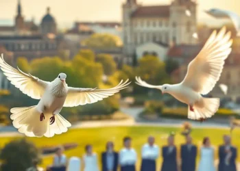 Das Titelbild zeigt ein fotorealistisches Szenario zur Kontroverse um das Hochzeitstauben-Verbot. Im Vordergrund fliegen zwei reinweiße Tauben anmutig in den Himmel, ihre Flügel weit ausgebreitet. Im Hintergrund ist eine sanft verschwommene Ansicht der sonnenbeschienenen Stadt Coburg mit ihrer historischen Architektur und den grünen Parks zu sehen, was Tradition und Natur symbolisiert. Eine diverse Gruppe von Menschen beobachtet die Szene; einige wirken bewundernd, andere besorgt, was die unterschiedlichen Perspektiven auf das Thema widerspiegelt. Die gesamte Szenerie wird von warmem, goldenem Sonnenlicht harmonisch beleuchtet.